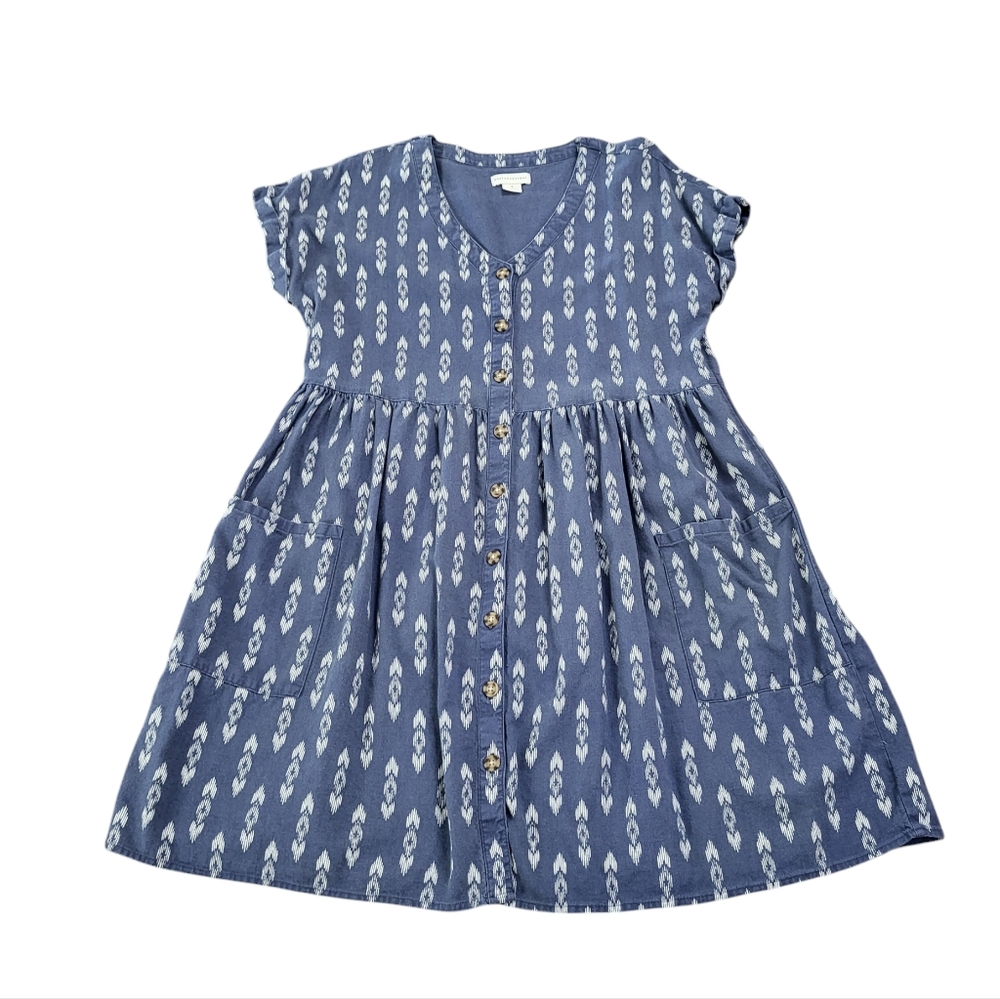 Peyton & Parker Dress Medium Blue Linen Rayon Front Button Relaxed Coastal Beach